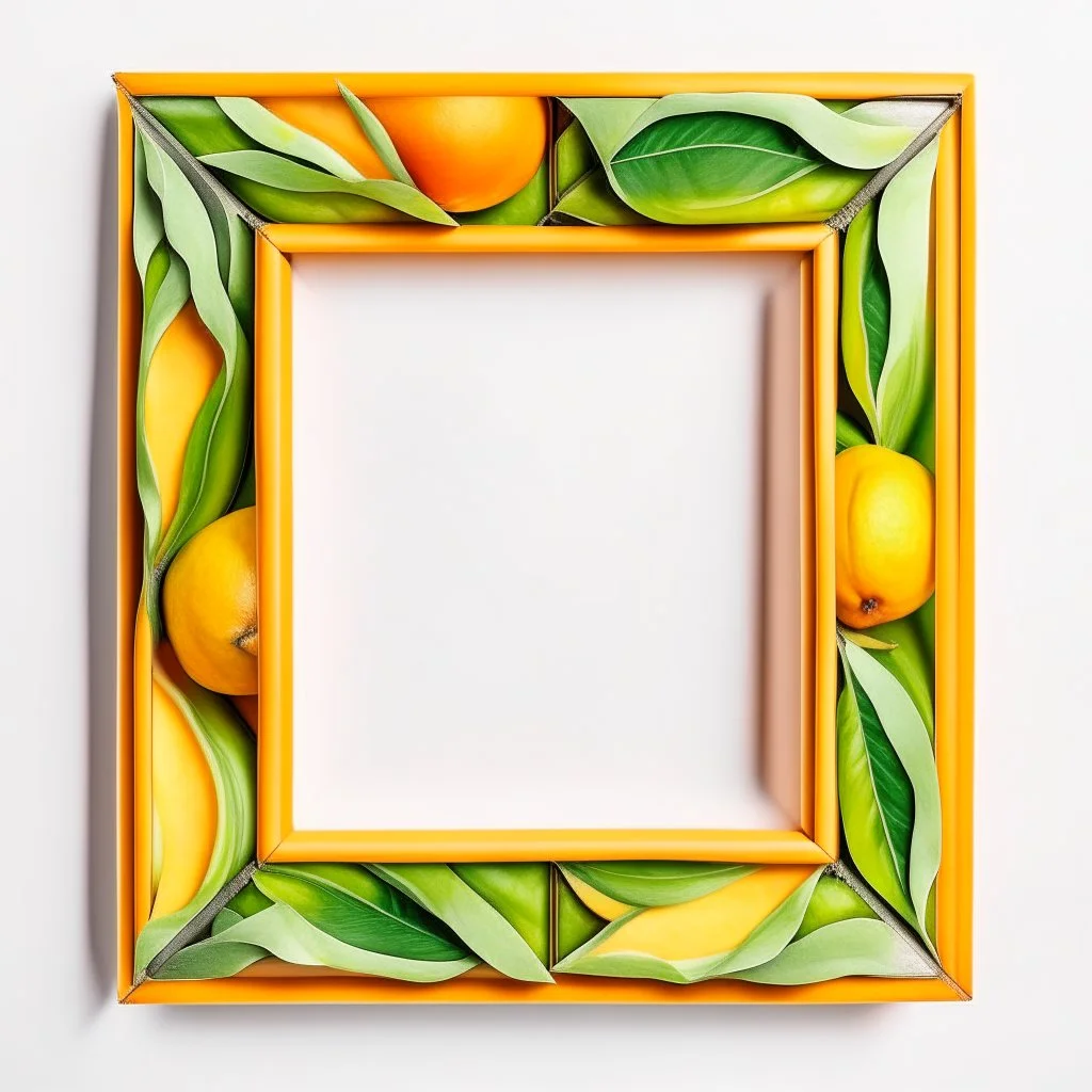 Square picture frame in the colors mango and light green leaves and some light orange, all on a light background