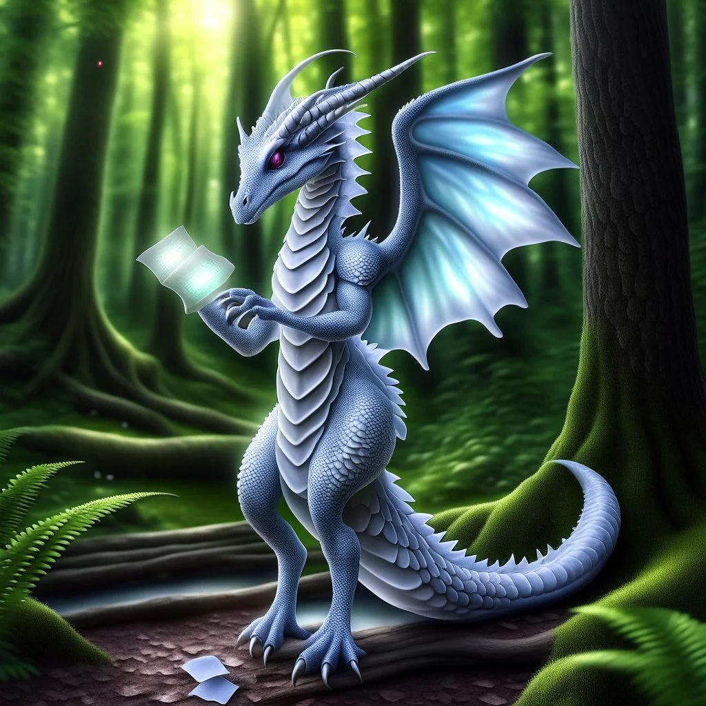 A dragonoid human with silver scales along with a long, flexible tail in a magical forest studying magic