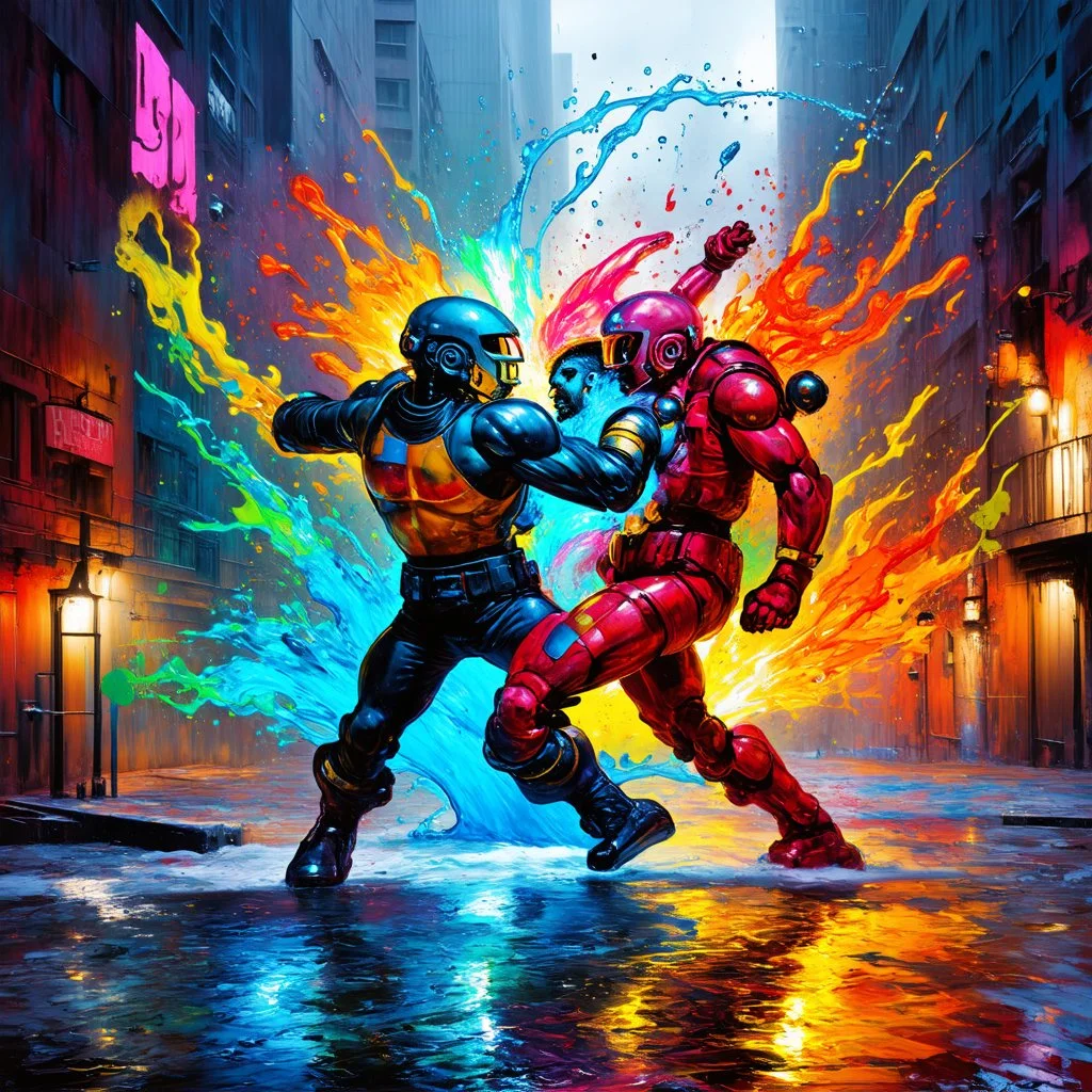 a dual fight, futuristic, sci fi fantasy art, graffiti art, splash art, street art, spray paint, oil gouache melting, acrylic, high contrast, colorful polychromatic, ultra detailed, ultra quality, CGSociety