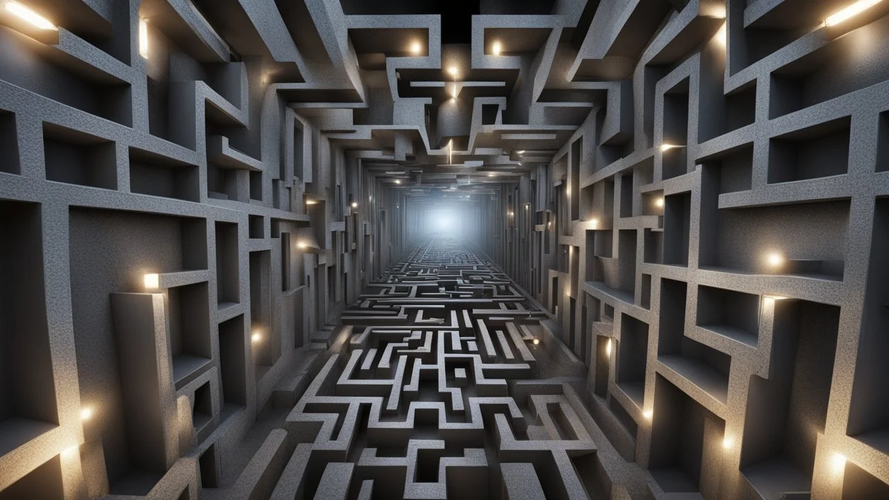 through a Neverending Surrealism Maze, Lost my dreams Labyrinthe , 3d geometric shapes, shadows, and lights, dark background, 3D fantasy art, detailed, sharp focus, very detailed, realistic, sharp lights, intricately detailed, futuristic, photorealistic, high contrast, stunning, fantasy, cinematic, masterpiece