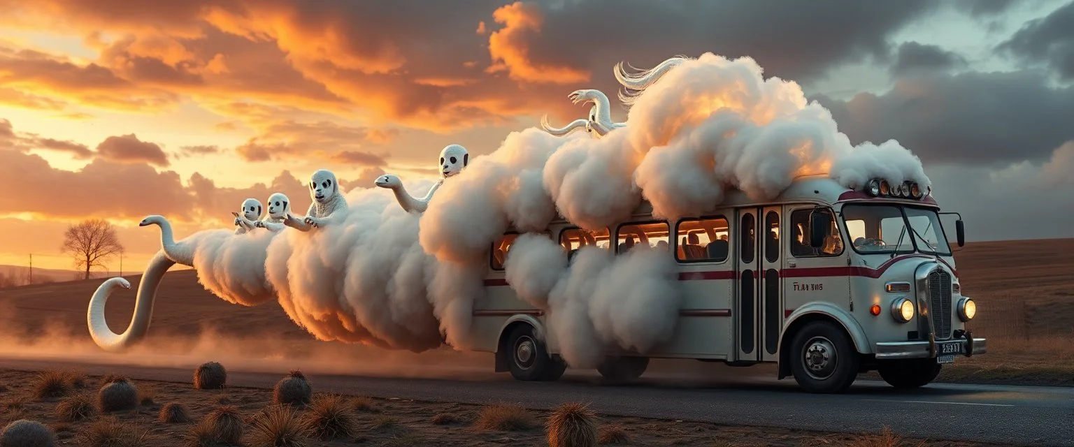 ghost busters and along fluffy slinky cloud snake with a sheeps head bus