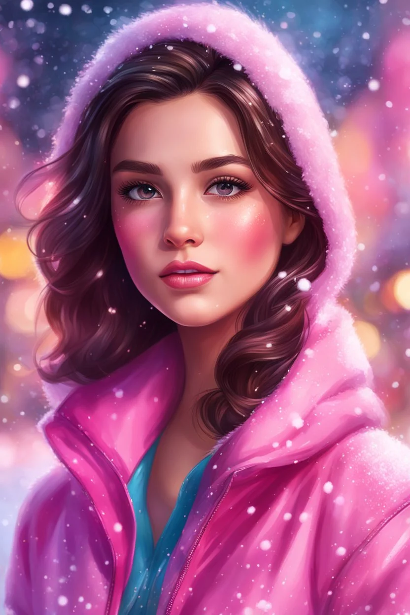 Digital painting of a beautiful girl in a stylish pink jacket, front view, Anna's face, dark hair, hazel eyes, rosy cheeks, pink lips, Disney art, snowfall, colorful bokeh background, digital painting style, High Quality, 4k