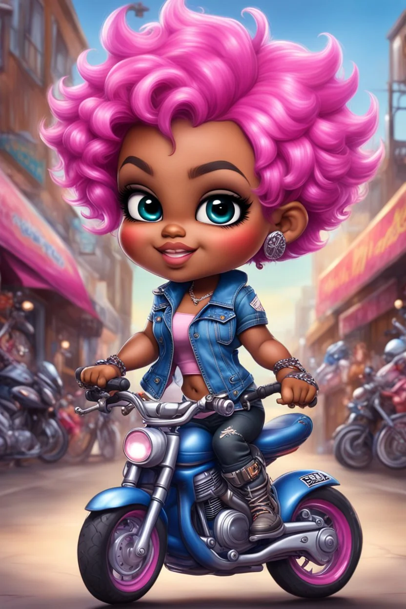 airbrush illustration of the chibi cartoon character, a voluptuous black female in a blue jean outfit with biker boots. Her prominent makeup and hazel eyes, along with her detailed pink pixie haircut, are featured in this image, set against the background of a lively bike show.