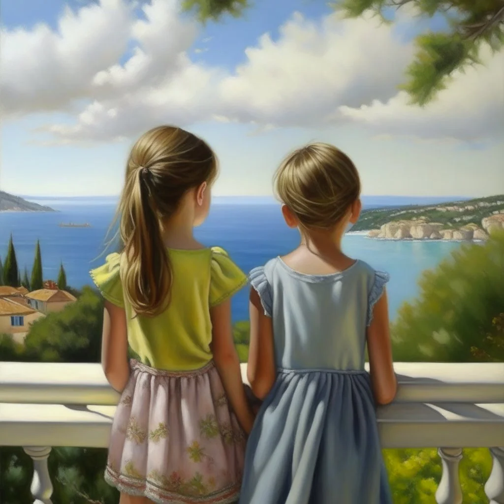 Neoclassicism 2 childeren from the back looking at the sea painting realistic cote d'azur