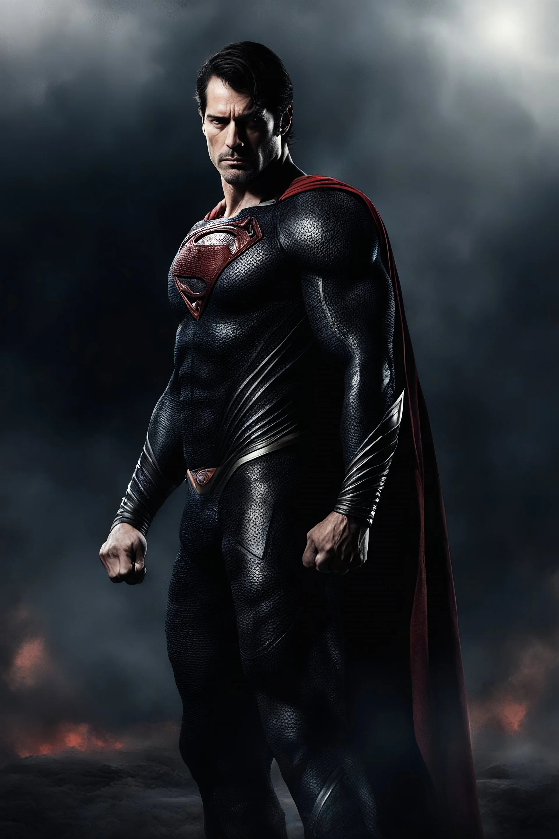 A hyper-realistic Half body shot of Superman standing tall and proud ((with his fists on his hips)), extreme action poses, on the deadly battlefield fighting Darkseid, ultra details, extremely sharp focus, the background of the image a dark and tenebrous illumination with a reddish fog, ultra-high definition, 16k resolution, masterpiece, Outer Space, Stars, planets, cosmic clouds, multicolored lightning, galaxies, extremely colorful