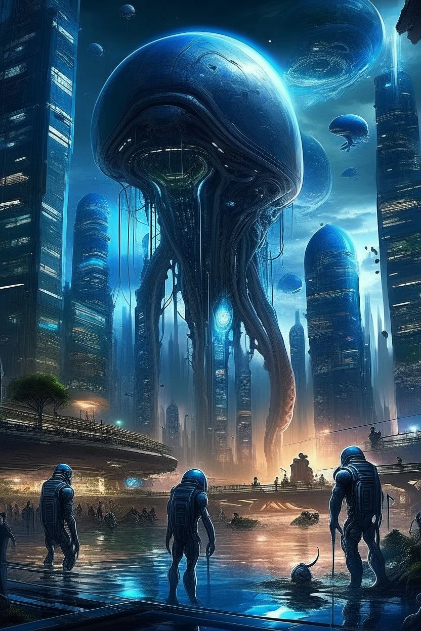 A captivating depiction in digital form, showcasing a plethora of extraordinary extraterrestrial creatures thriving within a surreal and lively ghosts realm. This imaginative artwork embodies the essence of science fiction, presenting a medium shot composition with fantastical beings that are unique, belonging to a world beyond our own. A modern city out of this world enhanced by atmospheric lighting, and breathtaking landscapes. Busch painting style nightmare