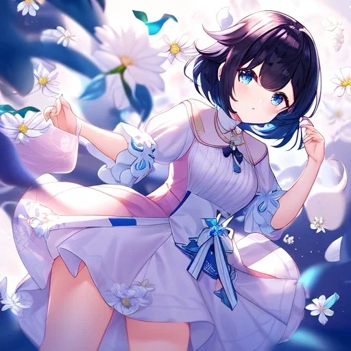 Clear focus,High resolution, Black short fluffy hair, and blue eyes, wearing a light pink short skirt with a white flower pattern near the bottom, Wearing light pink cut sleeves that have white long flaps under it with a flower pattern near the end, wearing a white collar