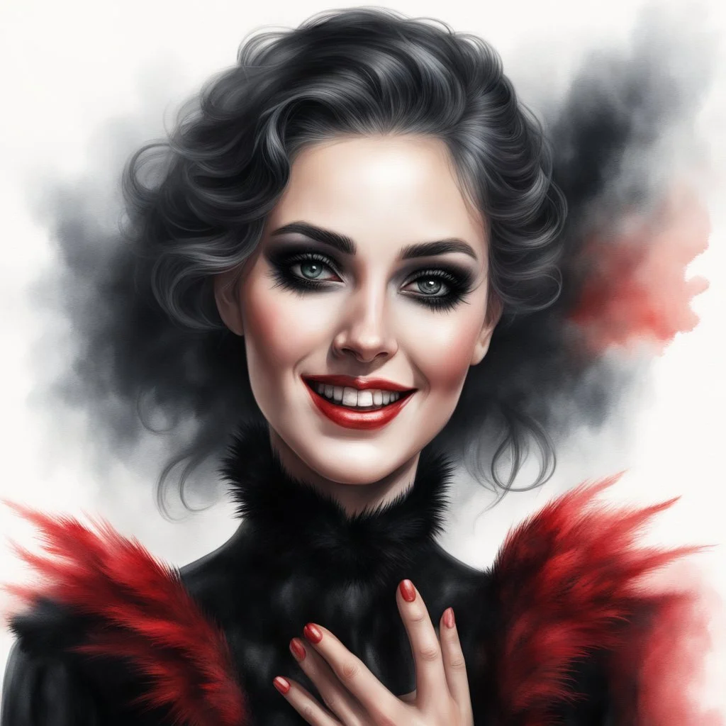 Hyperrealistic close-up of a pretty woman with black highlights. She is wearing a red gothic dress with a black fur collar. The woman is standing with her hands spread out and smiling directly into the camera. The eyes have black eyeshadow. The skin is flooded with light and shines a little. Ultra-detailed photorealistic airbrush watercolor, isolated