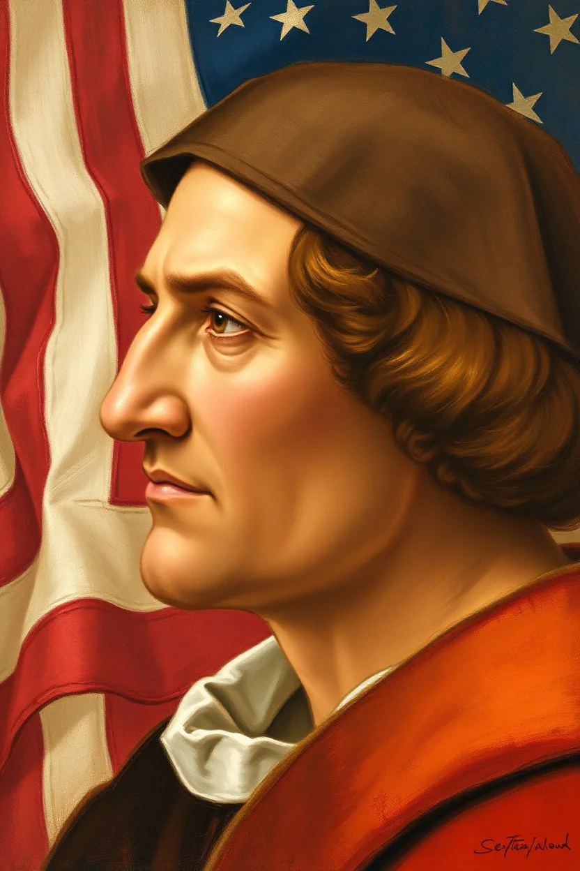 an expressive painting of Christopher Columbus side view face with the American flag in the background, might see a companion with features of absolute strength and determination, blended with warmth and deep faith. Perhaps his head expresses wisdom and courage, with eyes radiating confidence and faith.