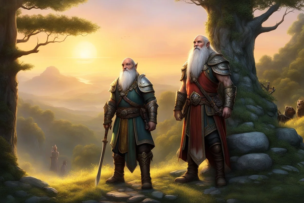 At the crest of the hill, under the watchful gaze of the setting sun, a motley crew of courageous souls stands assembled. The short bald dwarf healer, his weathered features etched with ancient knowledge, surveys the group with a keen eye. Beside him, the female Elf radiates an aura of forest magic, her eyes alight with the wisdom of the natural world. Opposite the Elf, the female thief from the dark city moves with a grace born of shadows, her presence a reminder of the mysteries that lurk bey