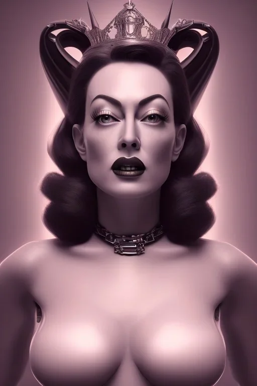 Joan Crawford as evil queen in black leather, busty, cleavage, dominatrix, curvy, angry, stern look. unreal 5, octane render, cinema4d, dynamic lighting, dramatic lighting, 4k, redshift render, highly detailed, hyper realistic,anthropomorphic