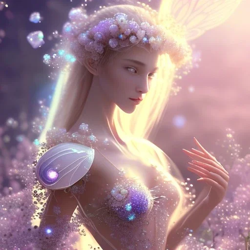 one big crystal subtle flower in a galactic ambiance with a beautiful girl fairy, transparent petals, delicate colors, in the foreground, full of details, smooth，soft, shine light atmosphere, light effect，vaporwave colorful, concept art, smooth, extremely sharp detail, finely tuned detail, ultra high 3d depth, definition,incrate detail, 8 k, unreal engine 5, ultra sharp focus