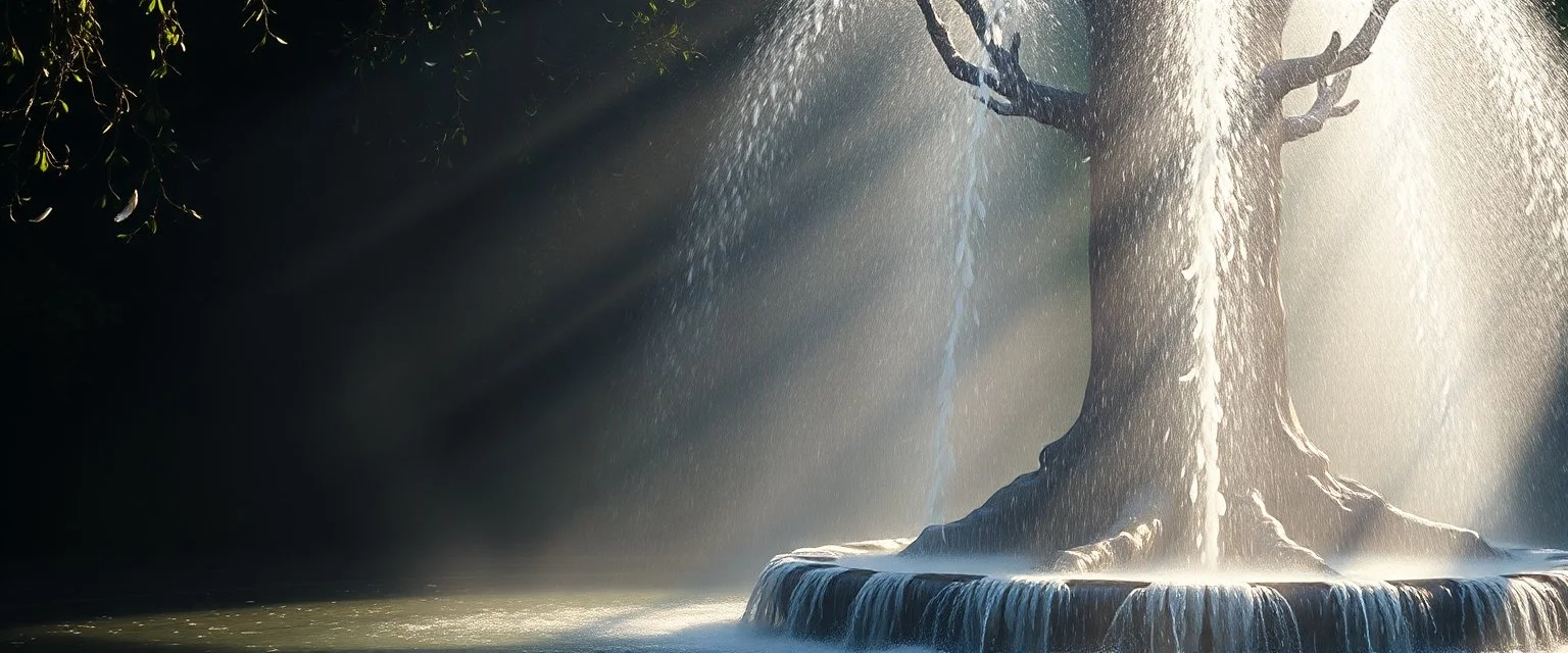 a fountain light mist smoke and feathers, radiant white feather light mirror bounce ancient angelic wooden treant by dark fountain,sonoluminessence