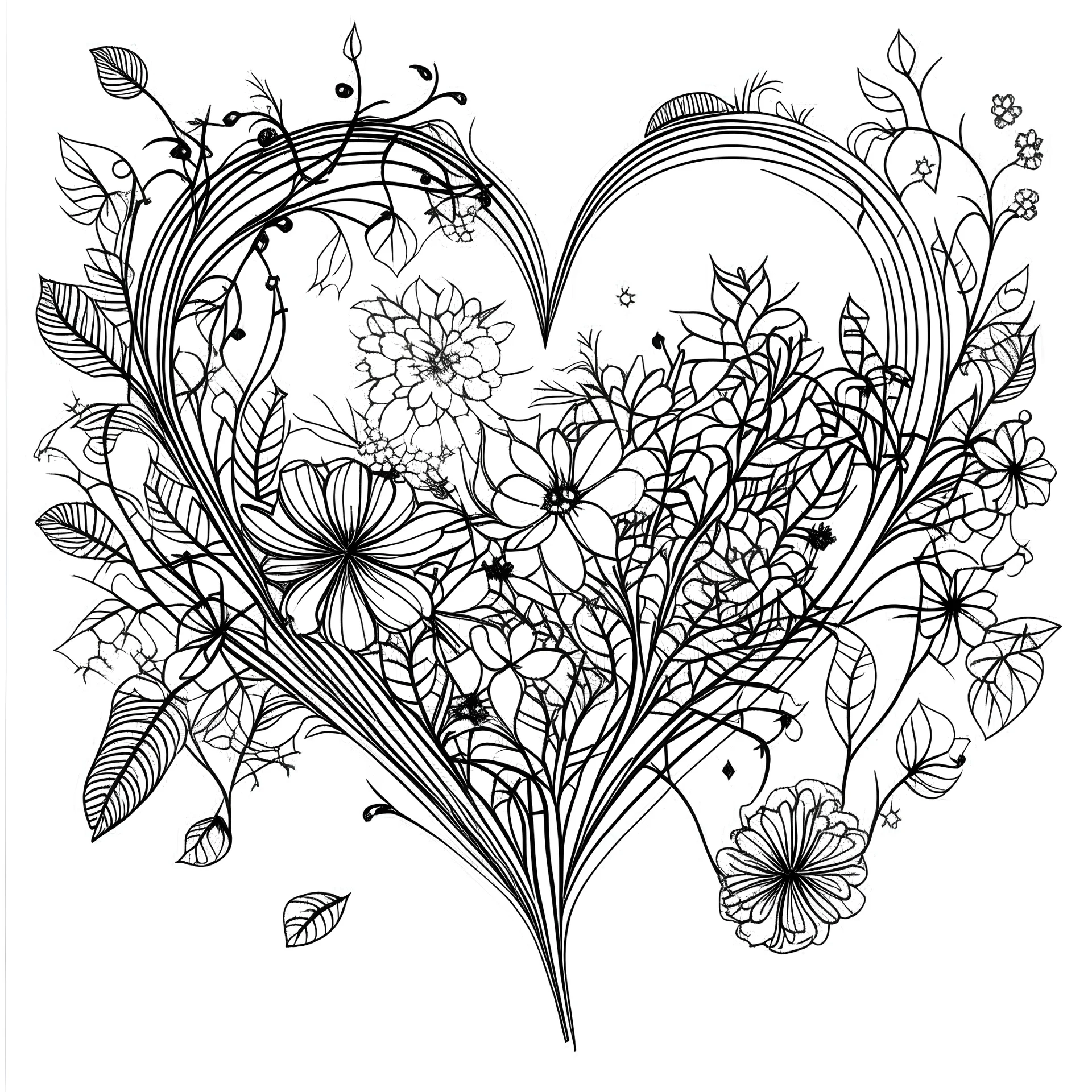 outline art for visually rich appealing heart ikebana, coloring page for kids, white background, fit to page, only use outline, clean line art, no shadows, clear and well outlined