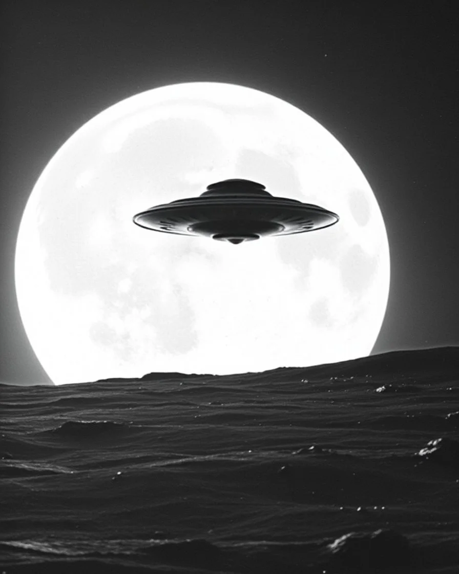 A historic black and white photo of a UFO landing on the lunar surface --ar 9:16 --sref 3326977824 --sref 4294405903 --sref 3435536780 --sref 4020403848 --style raw --stylize 750