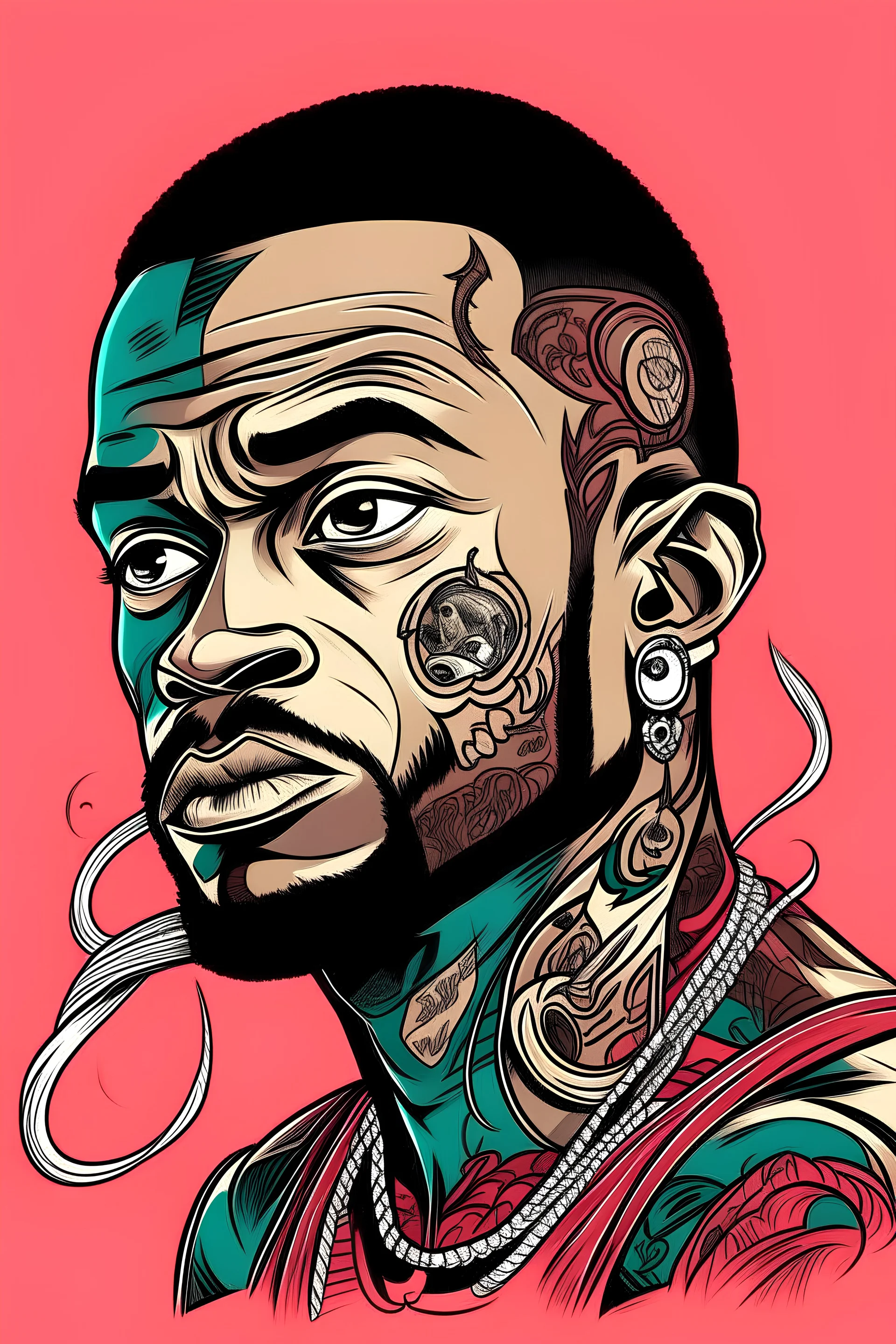 A drawing of a black man with tattoos cartoon pop art