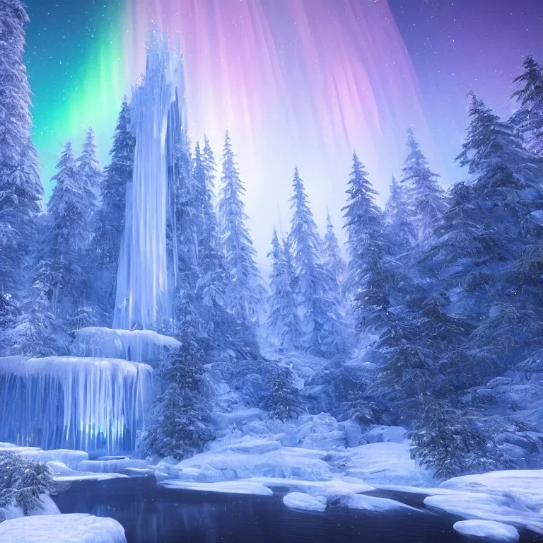  white and or crystal castle，waterfall, winter snow flakessnow, northern Lights, full of details, smooth, bright sunshine，soft light atmosphere, light effect，vaporwave colorful, concept art, smooth, extremely sharp detail, finely tuned detail, ultra high definition, 4 k, unreal engine 5, ultra sharp focus