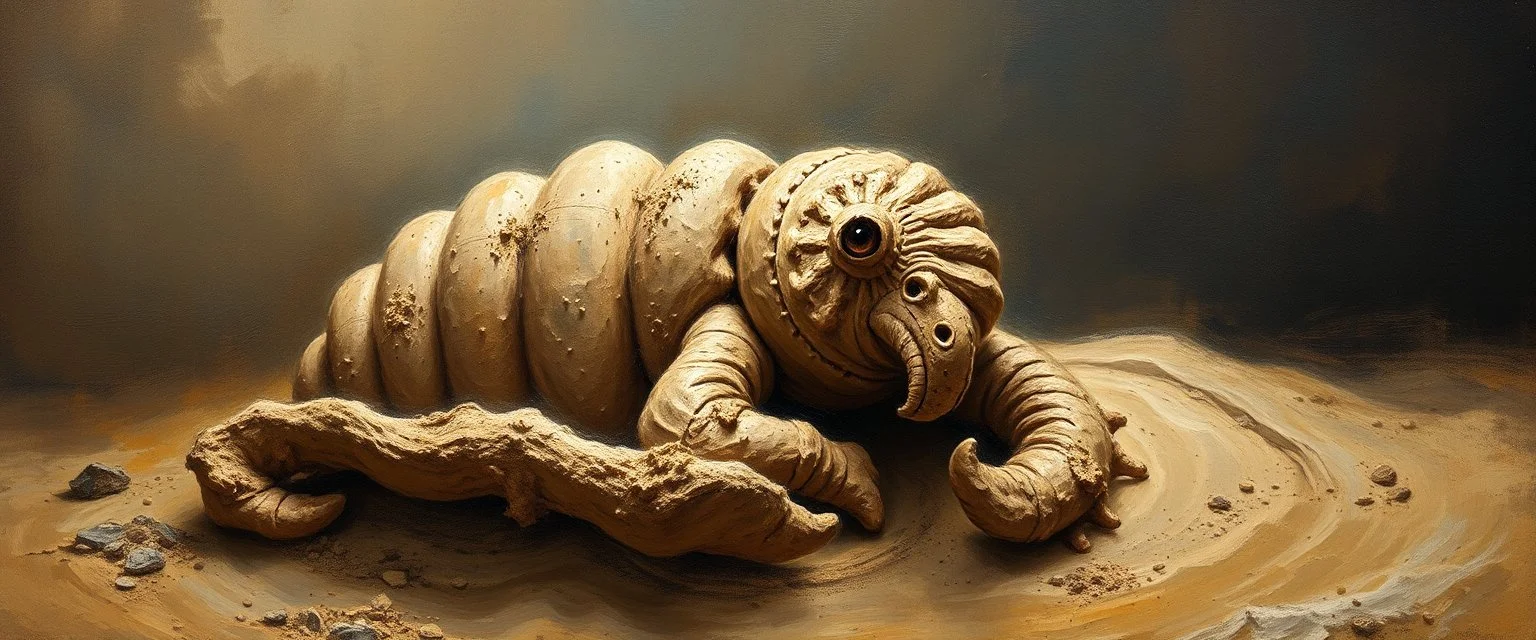 master oil painting by Rembrandt, good afternoon clay golem peeking out of a sand twister whirlwind cocoon