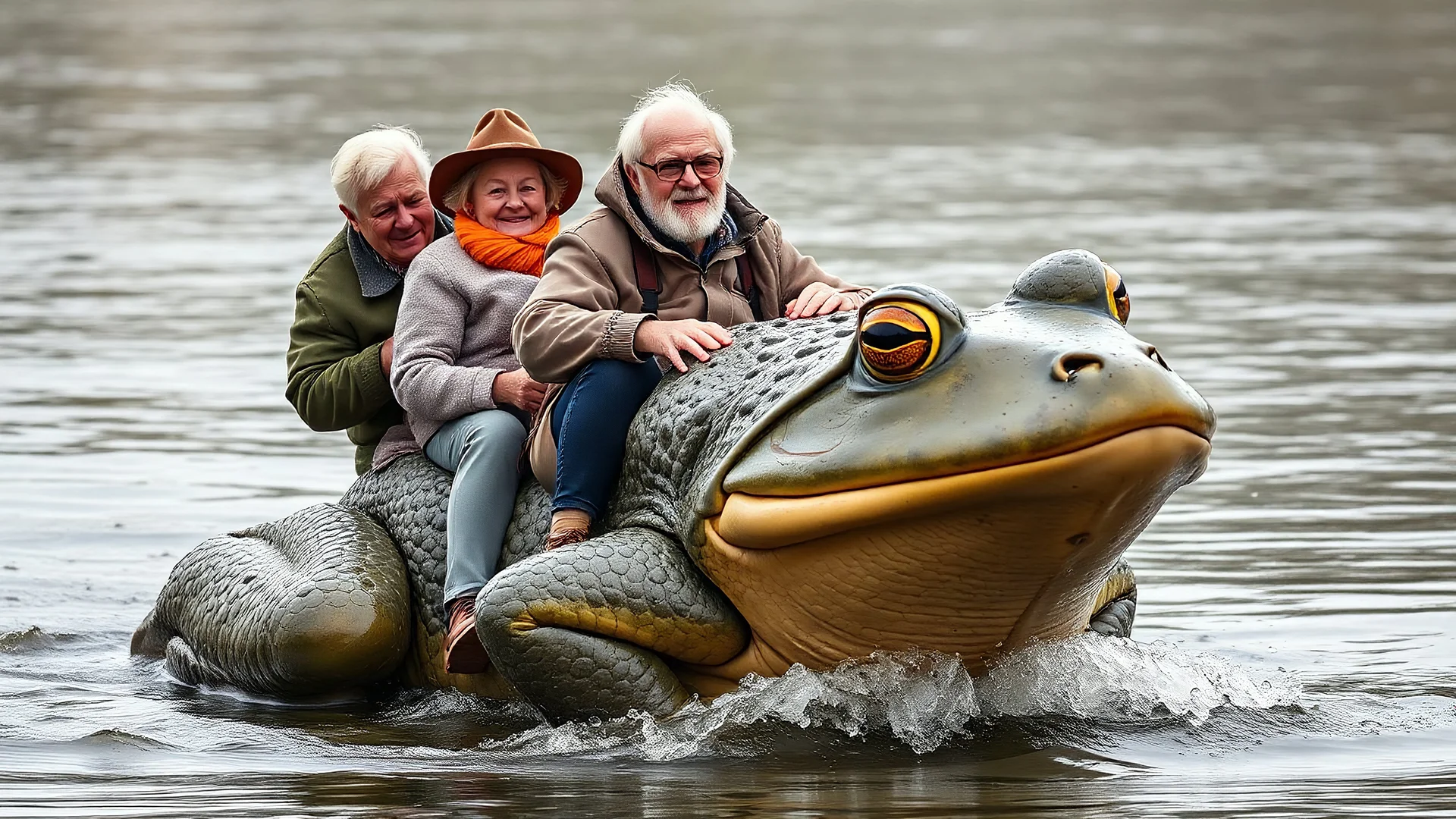 Elderly pensioners riding an enormous frog. Everyone is happy. Photographic quality and detail, award-winning image, beautiful composition.