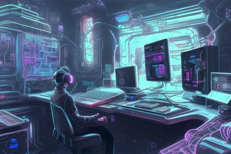 cyberpunk computer with a boy sitting in front of it wearing head phones