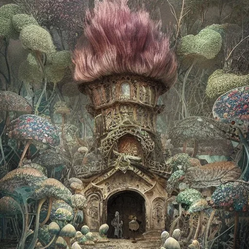 Insanely detailed photograph of an “Mushroom city” with intricate hair, intricate embroidered dress, beautiful clear face and hyperdetailed painting by Ismail Inceoglu Huang Guangjian and Dan Witz CGSociety ZBrush Central fantasy art album cover art,8K, hdr, romantic, mysterious, ominous, flowers, jewelry, comfort, natural eyes, "arms open for embrace",looking upwards