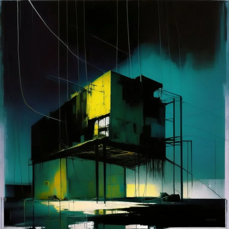 Minimal abstract oil painting of a in concrete warehouse brutalist architecture and hanging wires illuminated at night. With triadic colours. In the style of Justin Mortimer and Phil Hale, Ashley Wood