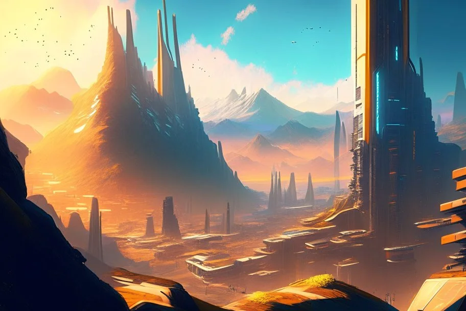 cyberpunk city, sunny day, valley, mountains, sci-fi, epic