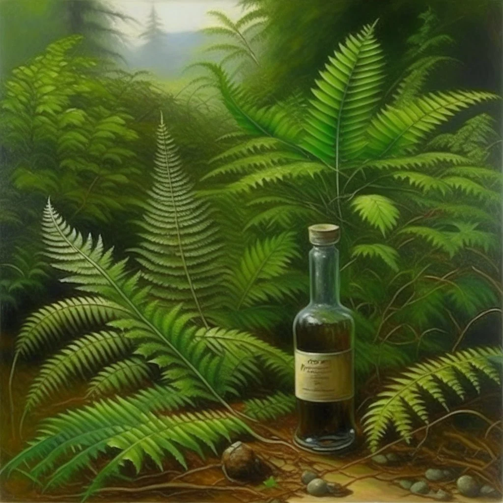 Paisaje húmedo con helechos con una botella de ...