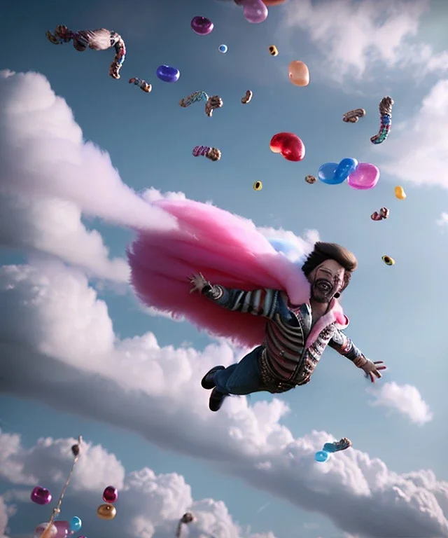 Ultra realistic speed clouds sky scene, wide angle view, sweet men falling down with many Childs, feather color clothing, free jumping flying, many trinkets, hair monster, many jelly beans, balls, color smoke, smile, happy, circus style, extreme, wind, clouds sea, 20,000 feet altitude, stratosphere, soft color, highly detailed, unreal engine 5, ray tracing, RTX, lumen lighting, ultra detail, volumetric lighting, 3d, finely drawn, high definition, high resolution.