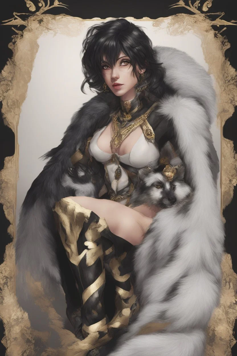 A dnd character sheet. A woman dressed for the cold north in black and white furs, with black hair and gold eyes.