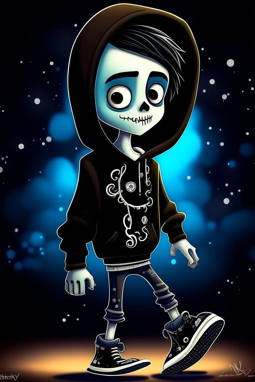 a cute animation boy, skateboarding , trendy hoody, 8 k, tim Burton skeleton style from the movie "night before Xmas", realistic animation, gothic