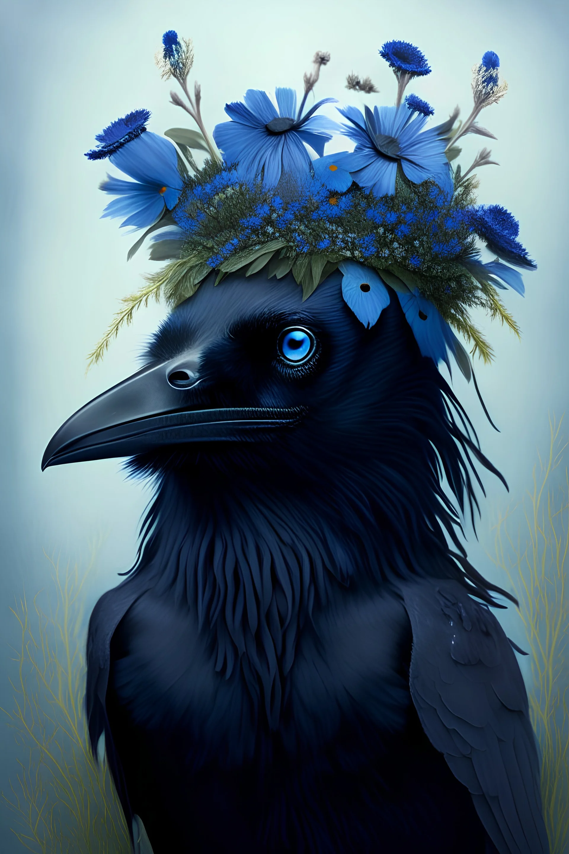 spookie Raven with wild blue flowers on the head