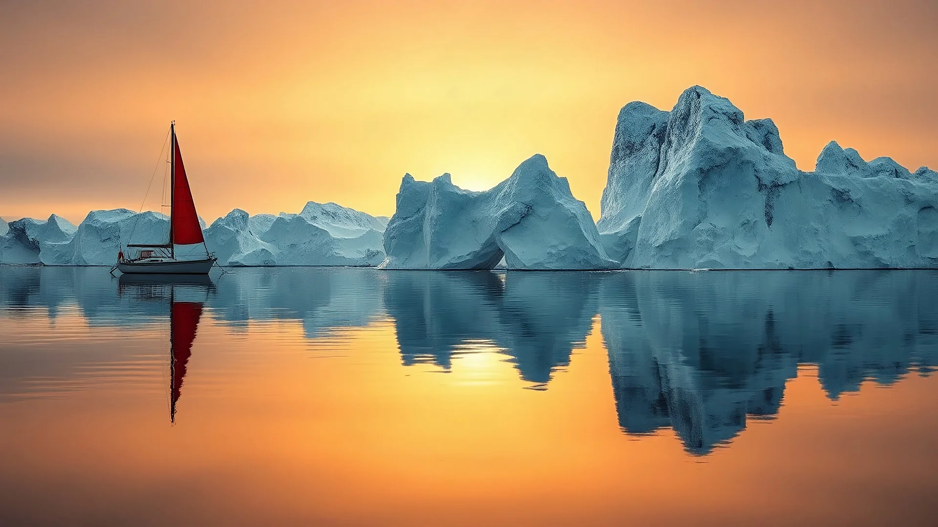 A serene, expansive, arctic seascape bathed in a muted, soft golden light of a gorgeous sunrise. A classic sailboat with a single red sail, crisp and boldly coloured, is off to the left half of the composition, floating on the glassy waters. Its reflection, including the distinct red sail, is mirrored perfectly beneath it in the calm sea. The boat is relatively small, emphasizing the grandeur of its surroundings. Towering icebergs, with intricate textures and nuanced shades of blue