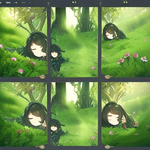 anime girl sleeping in a field of flowers, under a weeping willow tree, with a btterfly on her nose, zoom out