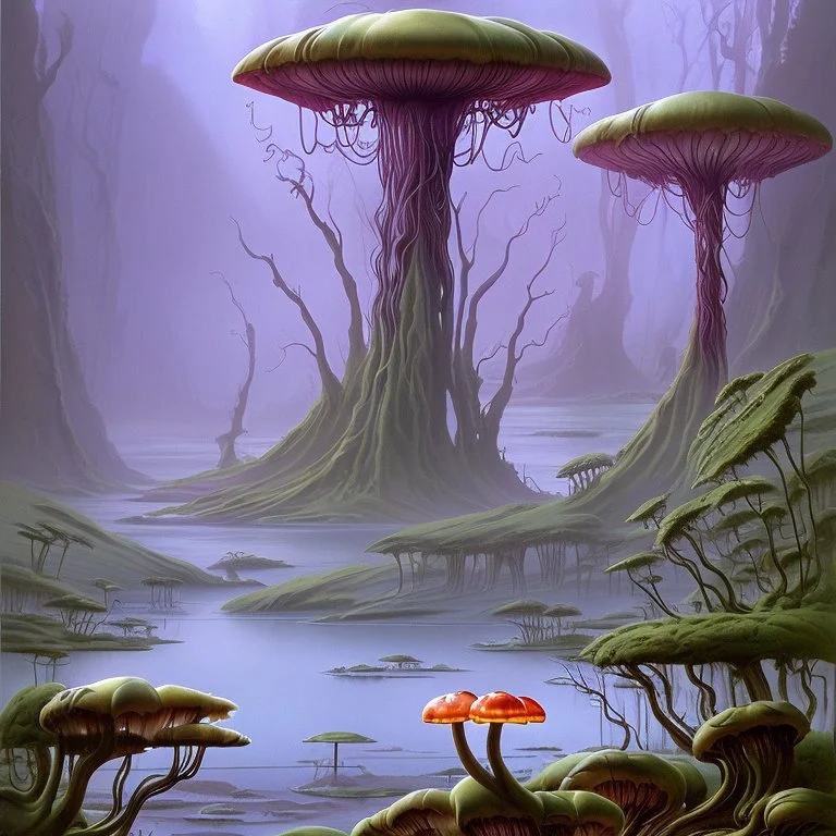 looking out over a lake, in an alien forest, flying mushrooms with jellyfish tenacles formed into gnarled trunks, Roger Dean