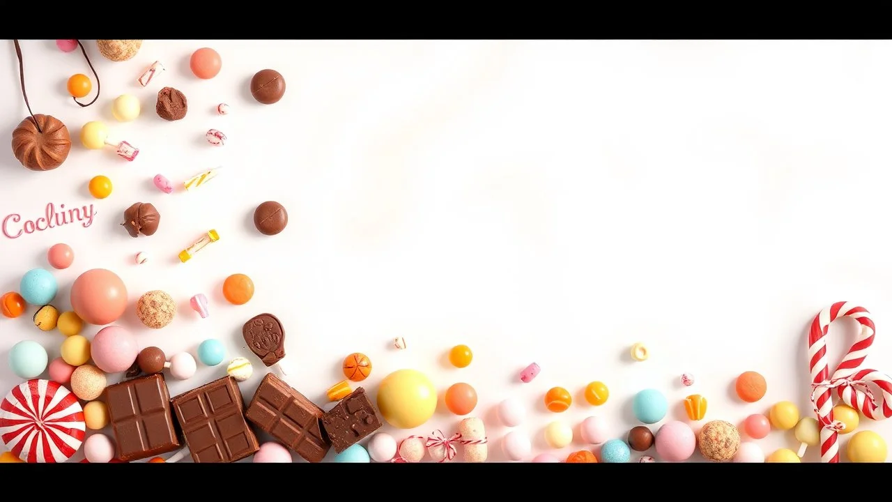A beautiful image with a white, orange, and pale blue background theme, filled with chocolate, lollipops, and various colored pastels and candies on the left side of the image.