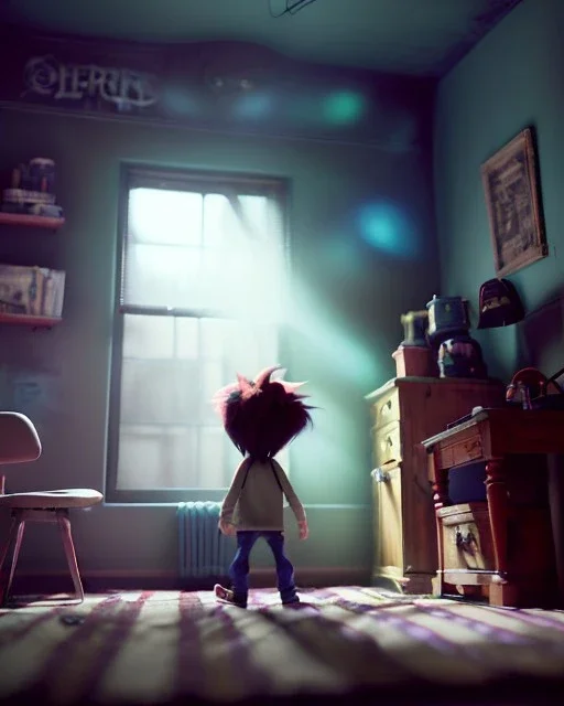 Boy room scene with color hair monster, realistic photo, sweet, Tim burton style, concept art, smooth, unreal engine 5, god lights, ray tracing, RTX, lumen lighting, ultra detail, volumetric lighting, 3d.