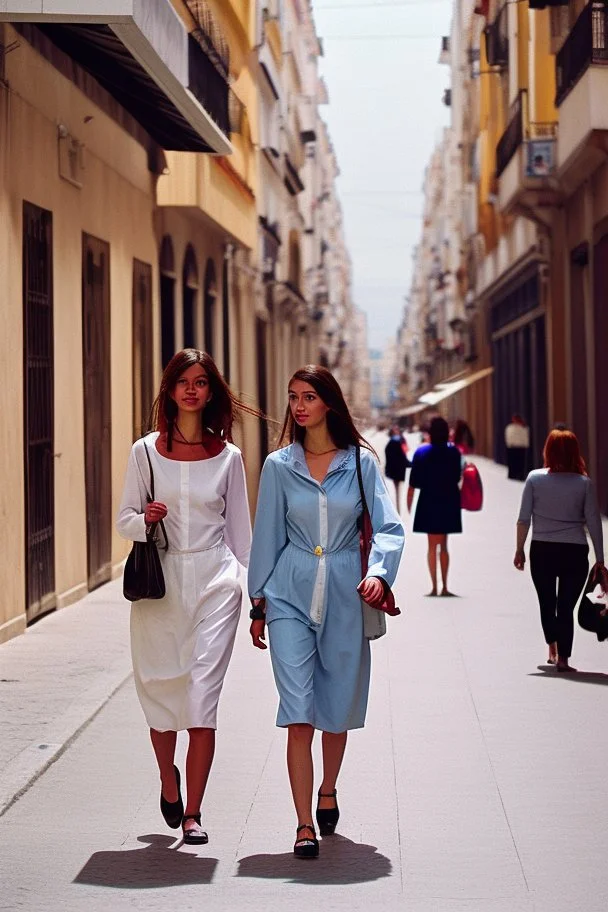 mujeres caminando por una céntrica calle de una ciudad española, visten ropa de segunda mano, es la moda y es tendencia, fotografía real, de cara a la cámara