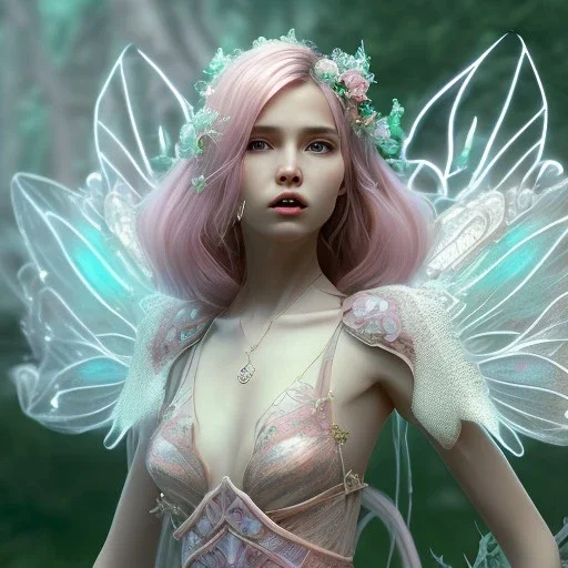 A portrait of a cute fantasy fairy, atmospheric, realistic, unreal engine, cinematic lighting, octane render, transparent, pink turquoise light, long blond hair, pink lips, extremely sharp detail, finely tuned detail, ultra high definition, 8 k, unreal engine 5, ultra sharp focus, accurate wings, positive smile, highlight luminous dress