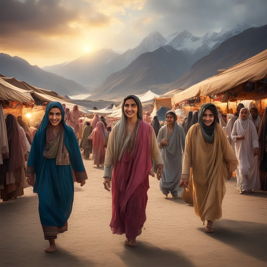 Hyper Realistic Photographic-Low-view of some-Pashto-Young-Happy-Women happily walking in a Traditional-Pakistani-Market-with-lots-of-people-with-cloths-hanging & beautiful-Mountains-&-cloudy-sunset-behind with dramatic & cinematic ambiance