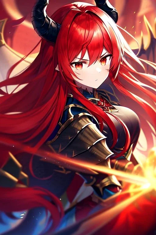 girl, masterpiece, best quality, cinematic lighting, detailed outfit, vibrant colors, perfect eyes, long hair, red hair, red eyes, dragon girl, armored clothes, angry, looking down, dragon horn,