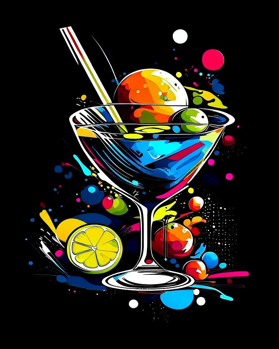 A colorful and abstract representation of a fruity cocktail, created with a mix of digital and hand-drawn elements.