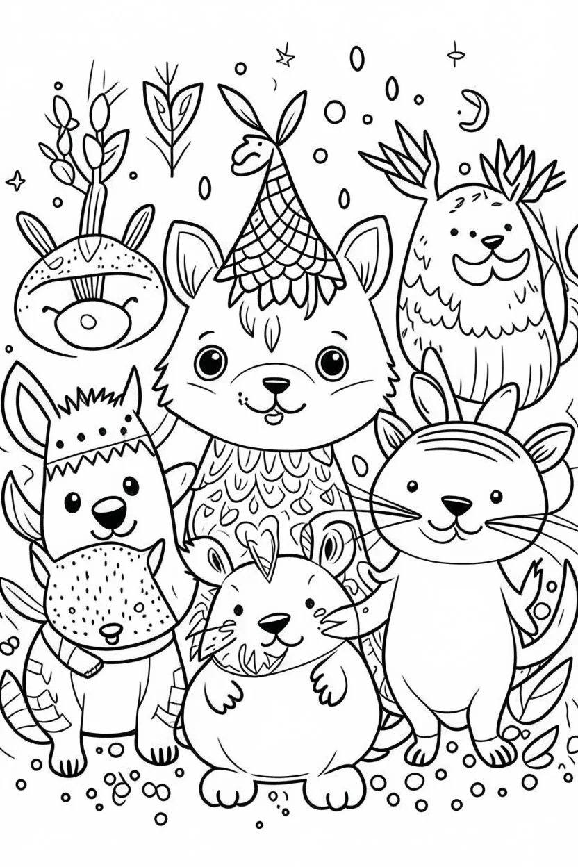 HAPPY NEW YEAR coloring page for kids, Animal friends sharing New Year wishes, thick outline, low details, no shading, no color