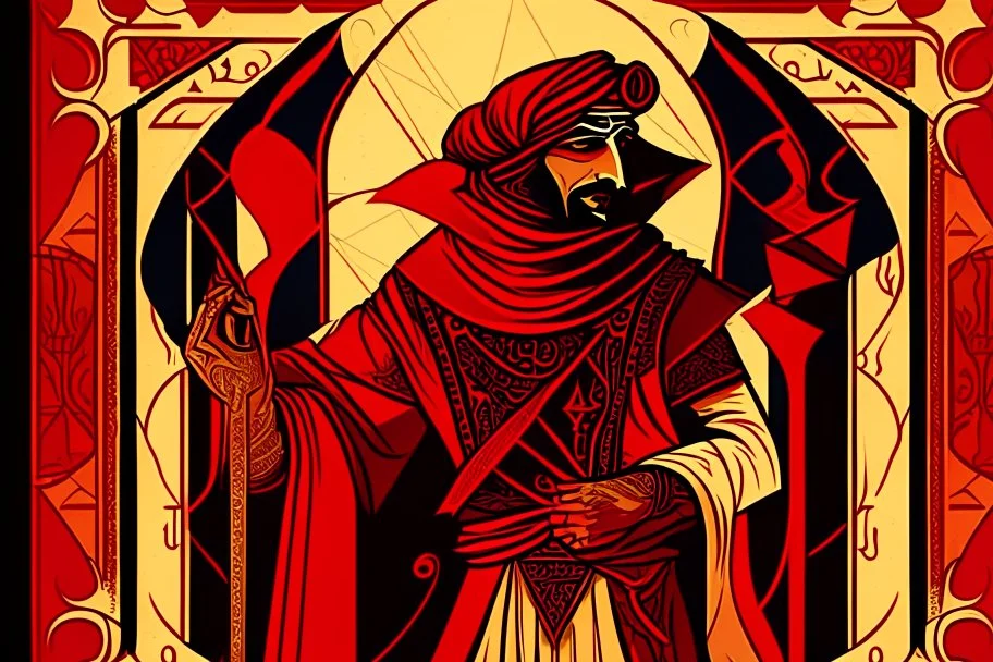 Stylized Arabian Nights knave, In the style of Tarot and Art Deco, Red colours