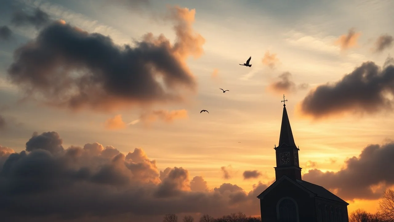 Hyper Realistic Church At The Far Bottom Left Corner Of The Image With Cloudy Sunrise of about 9 am with silhouettes of few birds flying showing dramatic & cinematic Ambiance.