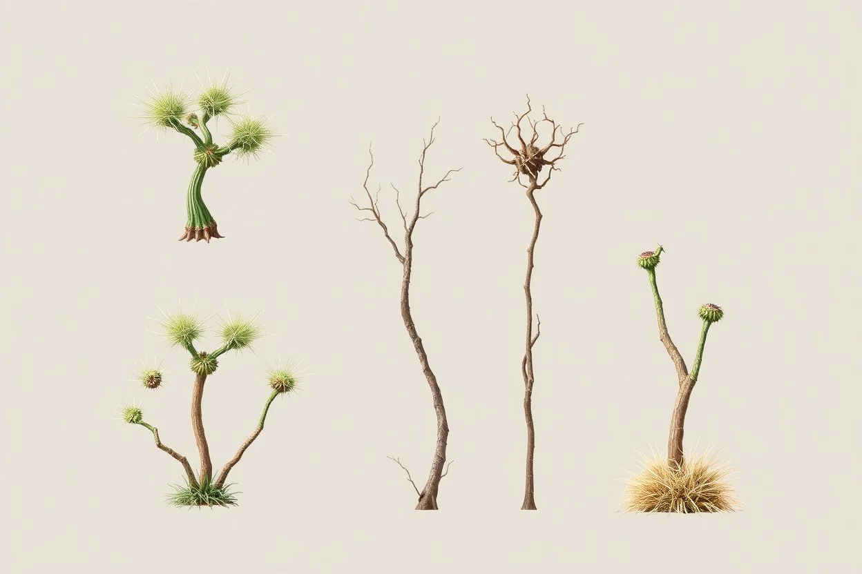 "Isolated concept art of multiple types of alien tree plant on a plain neutral background. Designed for Desert biome – dry, spiky, brittle grass with sharp edges, thorn-like blades, and pale dusty colors