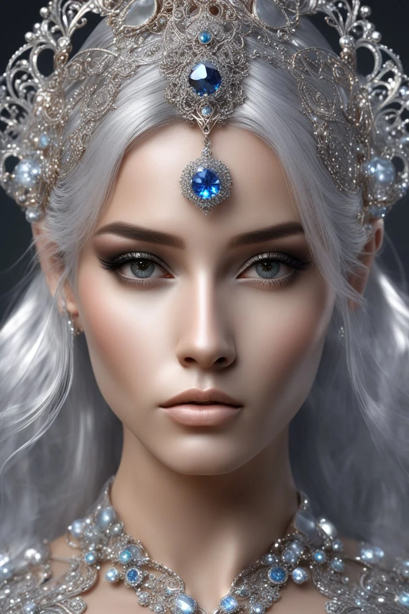 AI 3d photo realistic portrait of young woman, beautiful, shiny hard eyes, make up, Fantasy style, shiny baubles, ornate, large gemstones, shiny molten metalics, shiny wire filigree, silver hair, high definition, high res, octane render, 64k, 3d