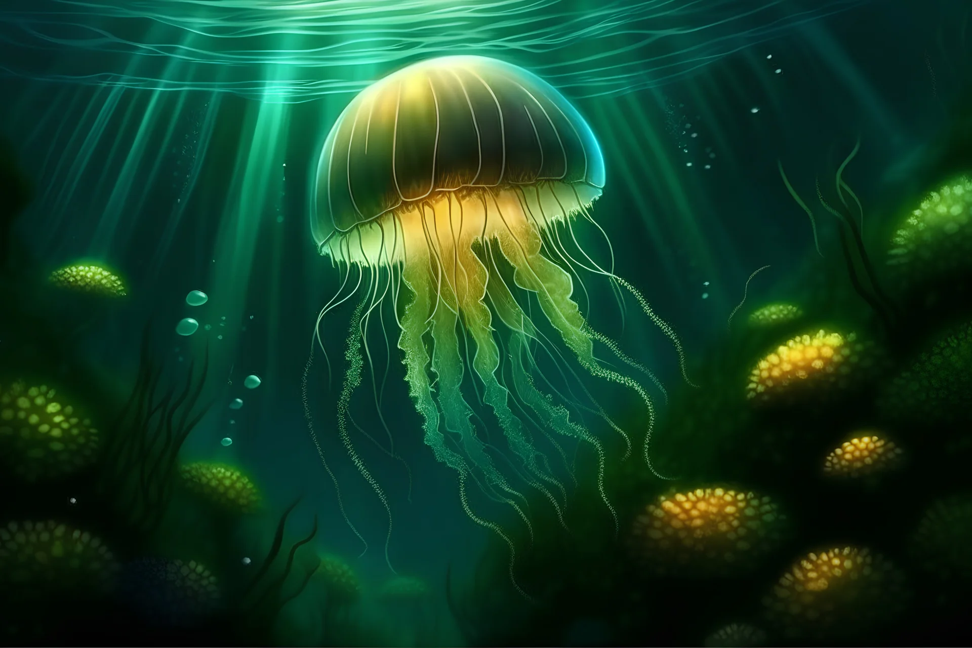 Stwórz hiperrealistyczny obraz meduzy pod czystym oceanem, glonów i roślin pod powierzchnią morza oraz mistycznego blasku za meduzą, wodnym cudem, Tajemniczy