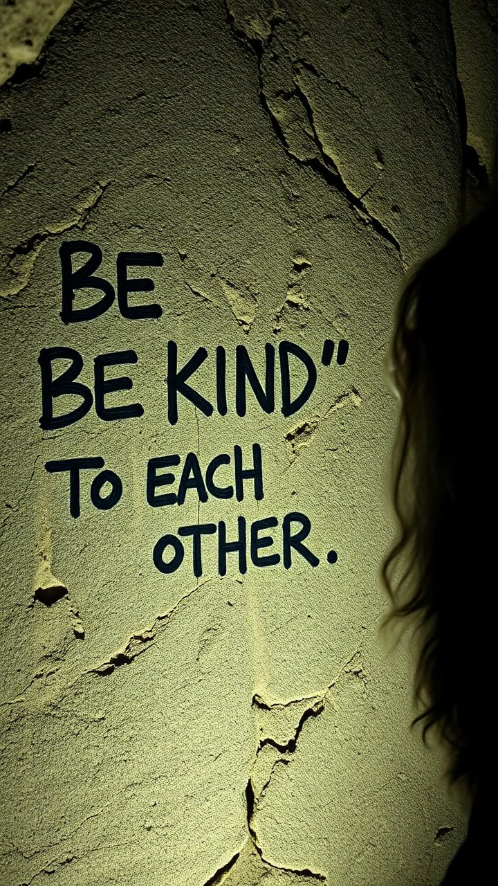 A hand writing On cave wall written “BE KIND “ “ TO EACH OTHER “ an old man with bear and king hair died by the cave wall , a dim lighting great quality picture with primitive style