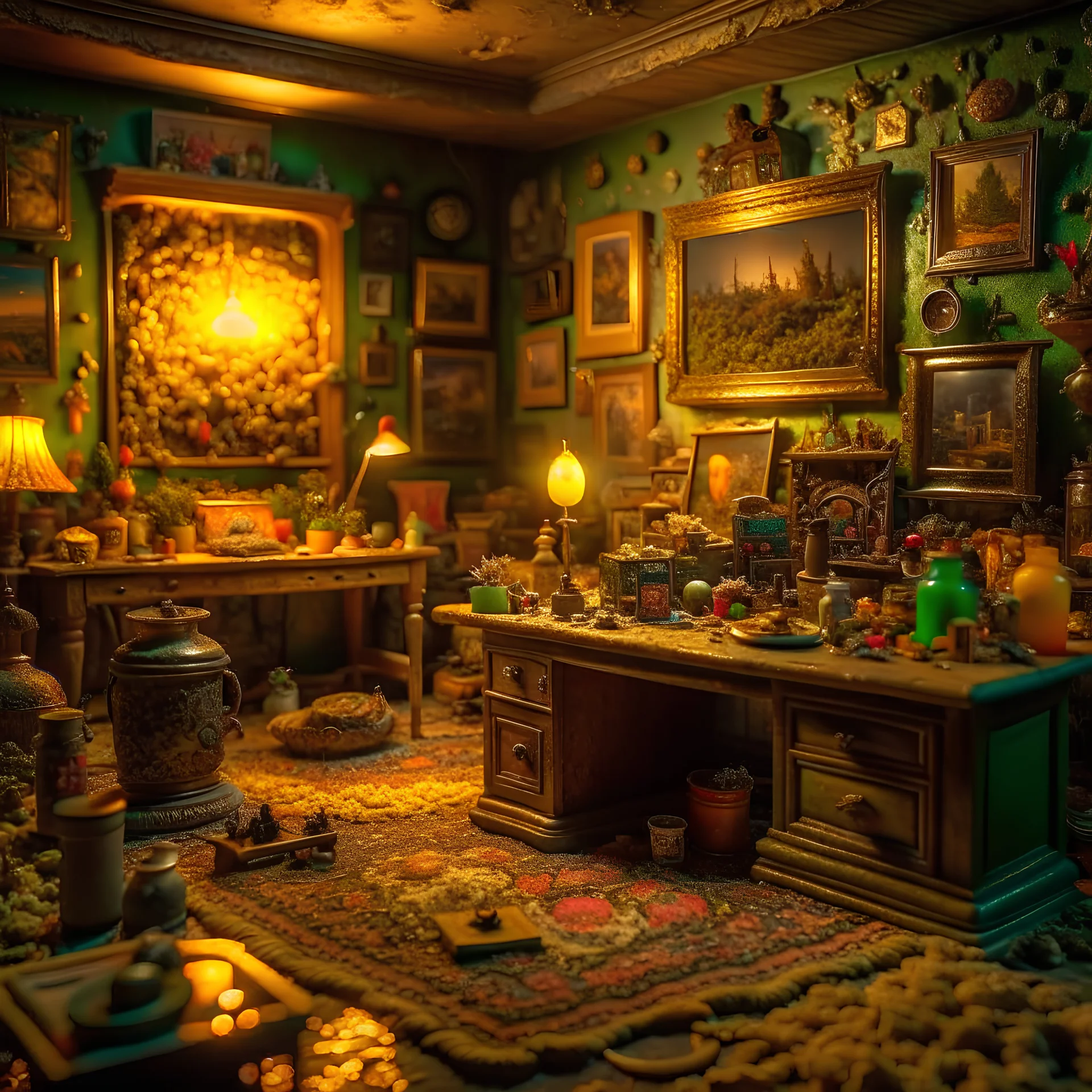 Diorama of old stuff in a room, sharp focus, 8k, 3d, close-up, very detailed, volumetric light, grim, fine art, very colorful, ornate, 35mm, F/2.8, insanely detailed and intricate, hypermaximalist, super detailed, decadent